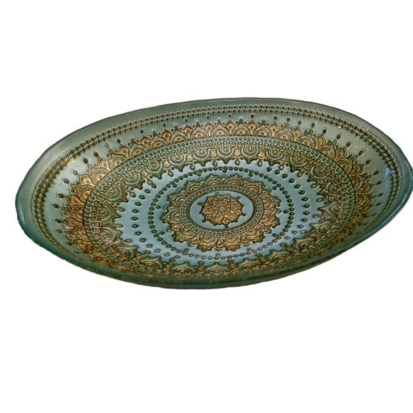 Aqua Ornate Glass Oval Trau with Gold Accents - Picture 1 of 2